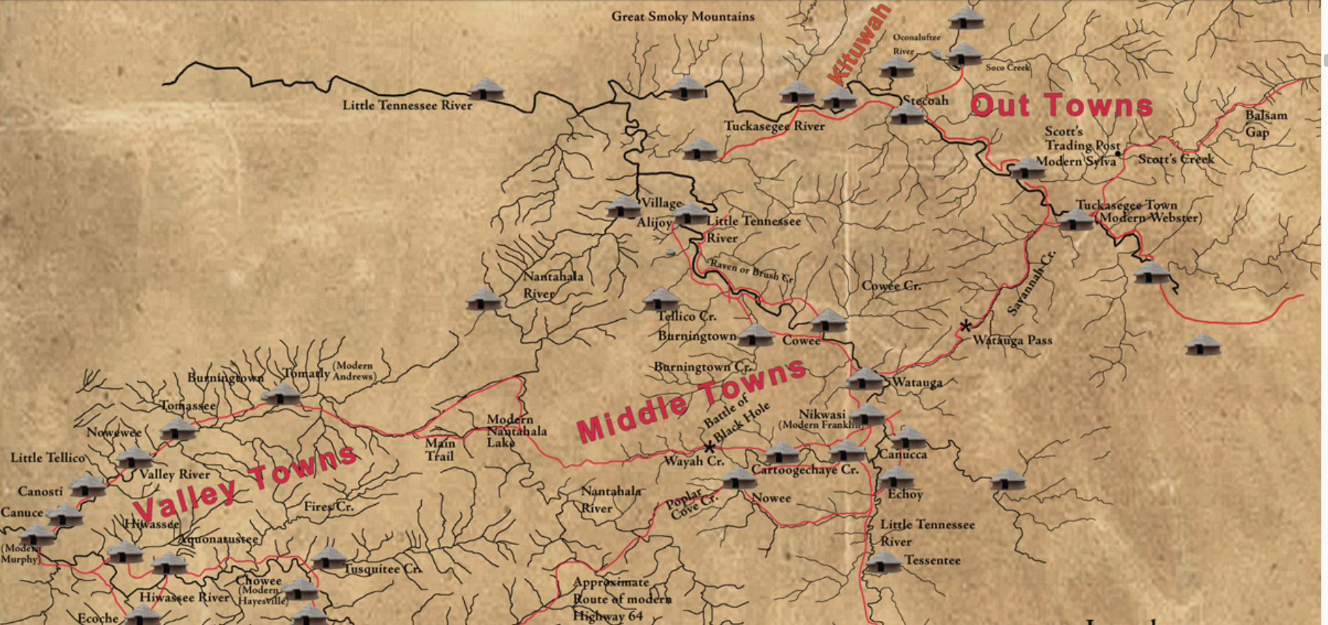 Map of Cherokee towns in late 1700s.